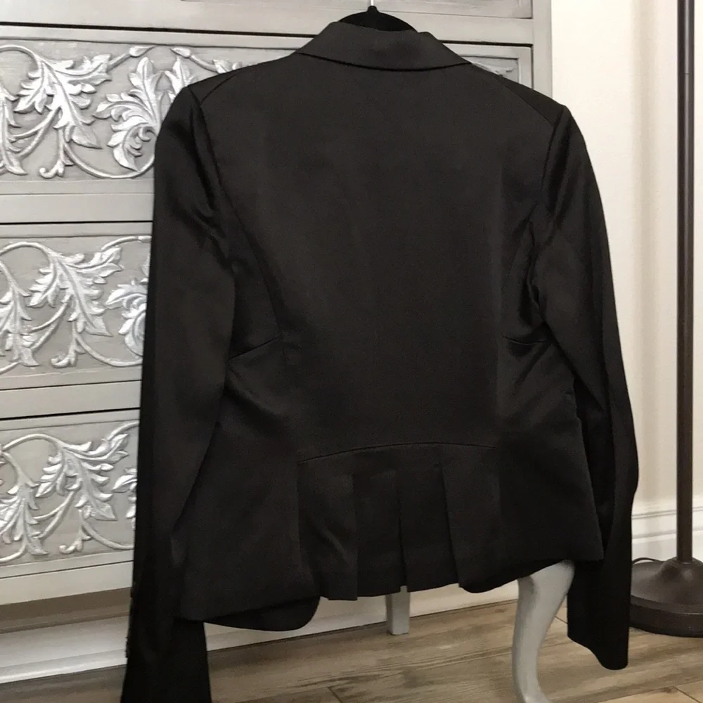 BCBG Satin Blazer Feminine Tuxedo with a Twist Black